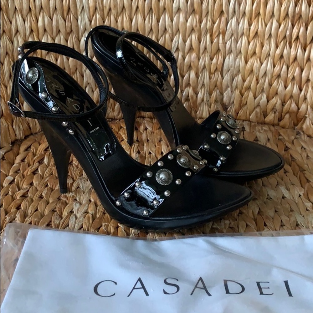 Vintage Casadei Black Patent Leather Sandals 9 US